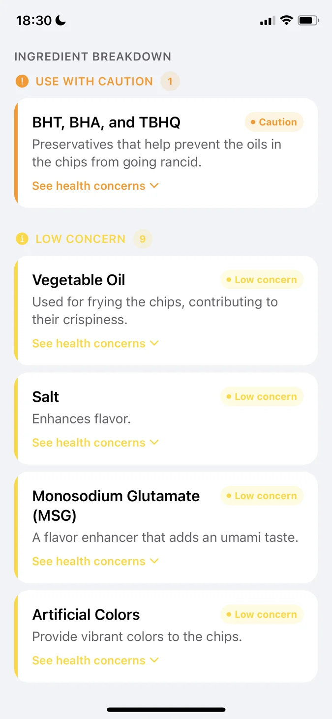 Yum Check ingredient cards showing caution and low-concern labels