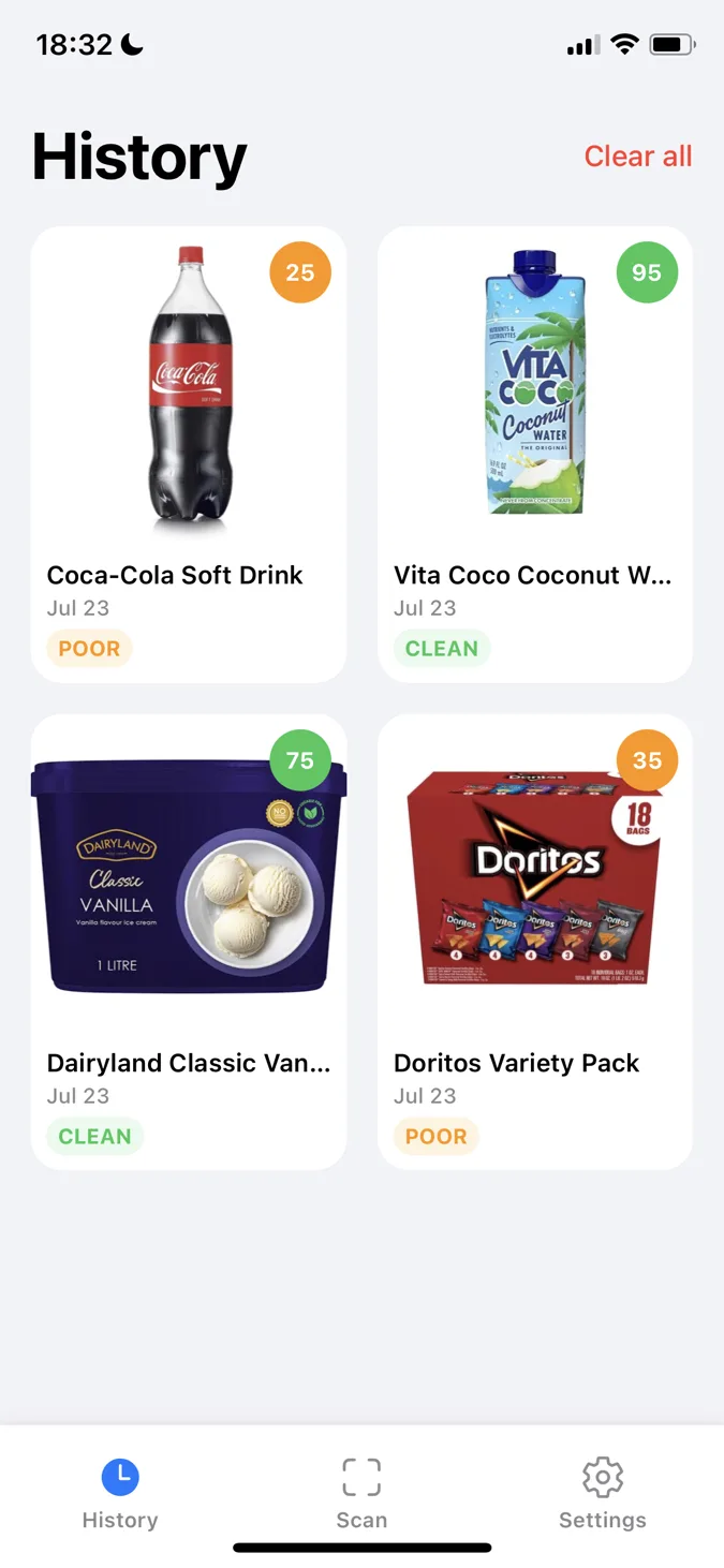 Yum Check scan history showing previous products and scores