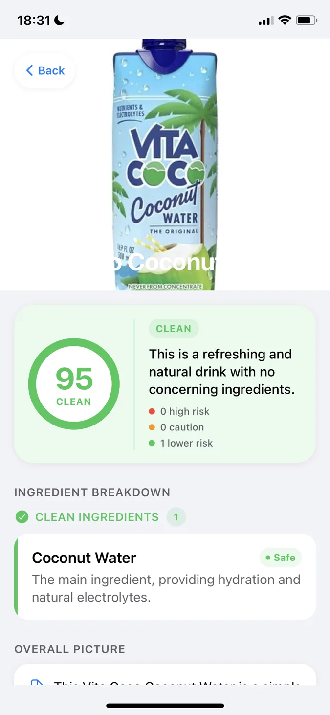 Yum Check result screen showing a clean score and ingredient analysis