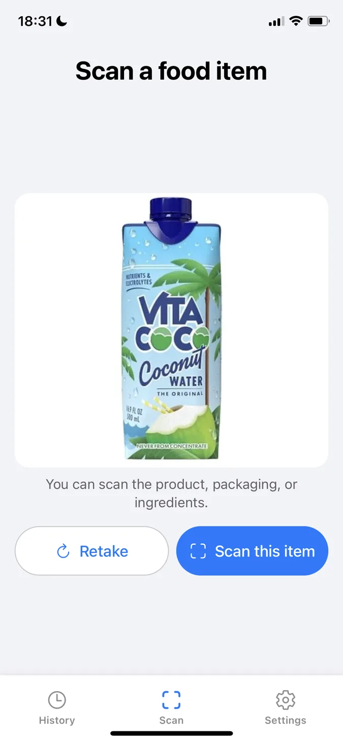 Yum Check scan screen with a food product ready to analyze